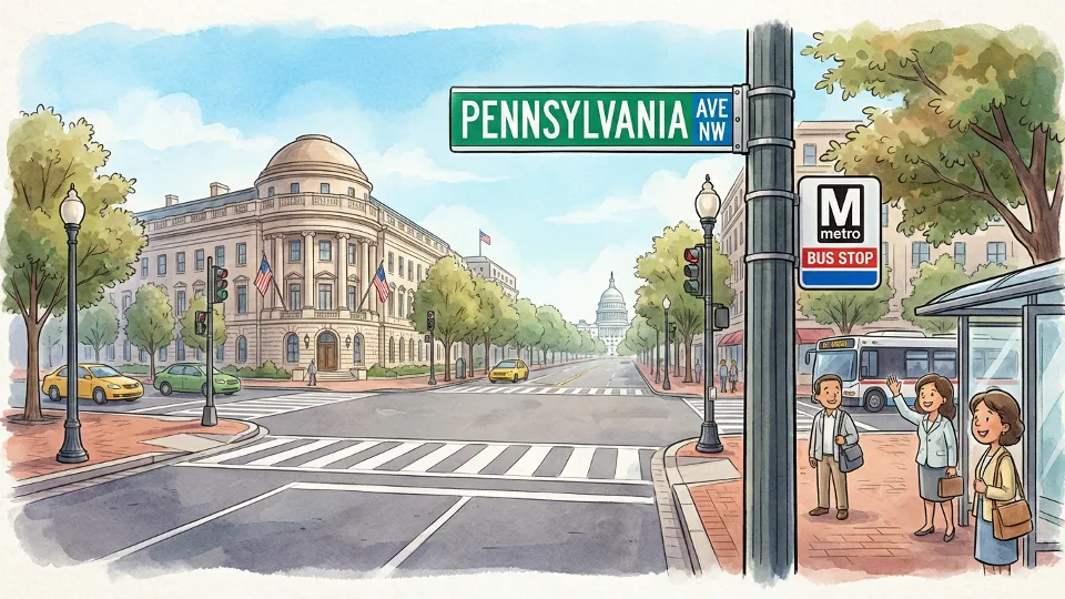 Downtown Washington DC street intersection with bus stop sign and Pennsylvania Avenue street marker