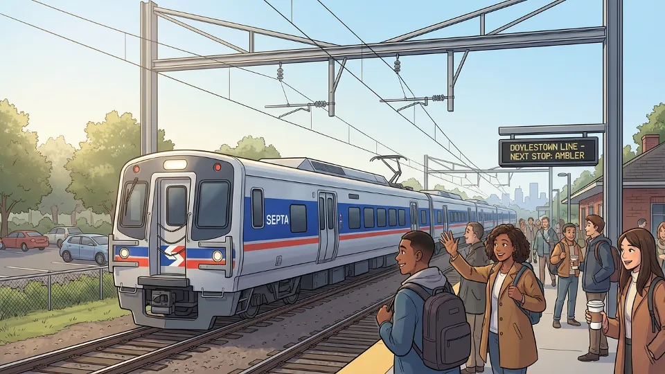 SEPTA Doylestown Line train on tracks approaching station during morning commute