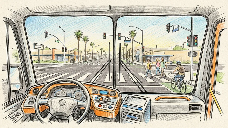 Bus driver's view from inside Metro bus approaching pedestrian crosswalk with traffic signals visible