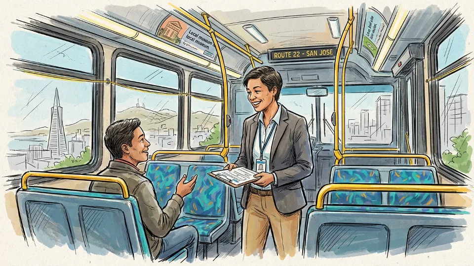 Transit survey team member with clipboard speaking to passenger inside bus