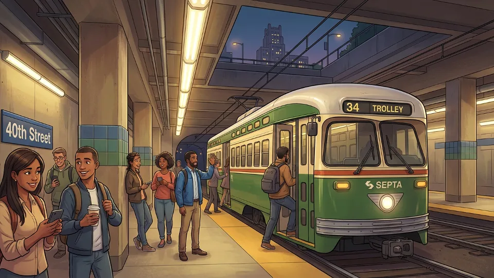 SEPTA trolley at 40th and Market Streets station platform during evening hours