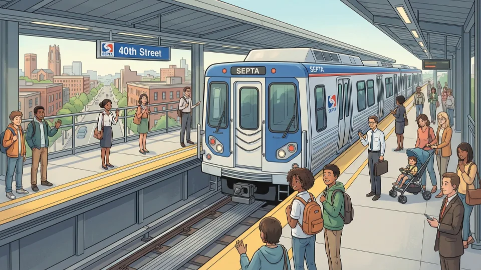 Market-Frankford Line train at 40th Street station platform with passengers waiting