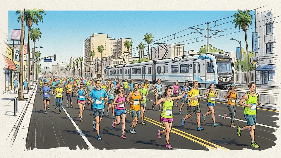 LA Marathon runners on city street with Metro Rail train visible in background