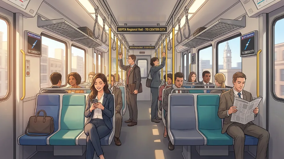 Interior view of SEPTA Regional Rail train car with commuters seated during morning rush hour service