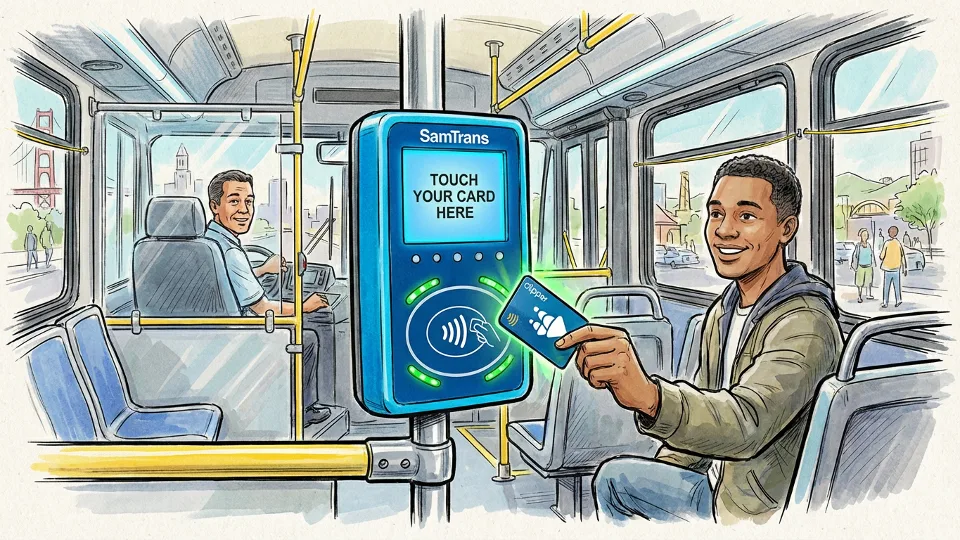 Clipper card reader on SamTrans bus showing fare payment system