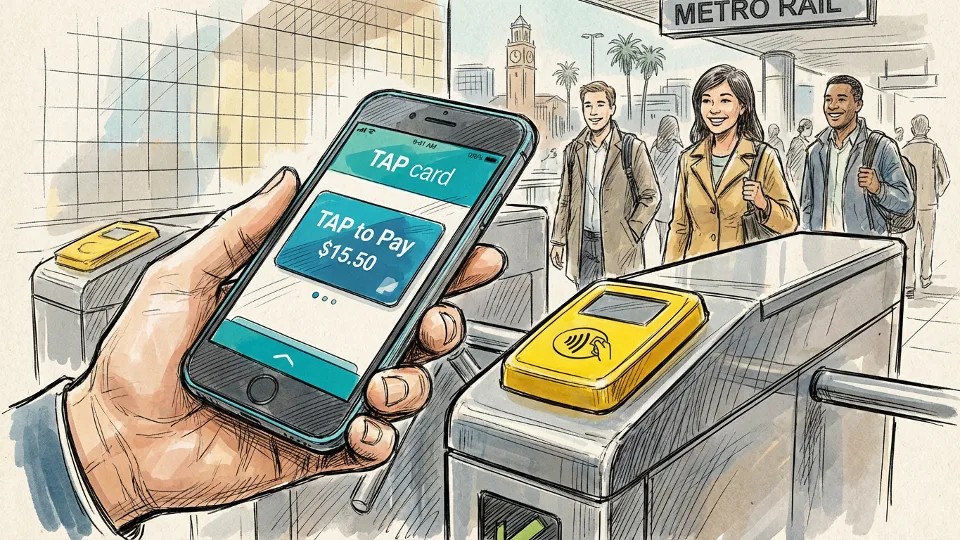 Close-up of Android phone screen showing TAP card app interface near Metro fare gate