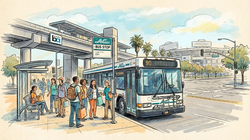 Line 90 bus at typical stop in San Francisco-San Jose metro area with Coliseum BART station visible in background
