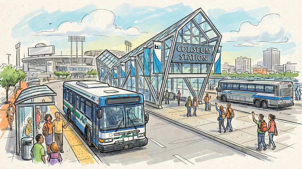 Coliseum BART station entrance with transit buses in foreground showing typical connection point for Line 90 riders