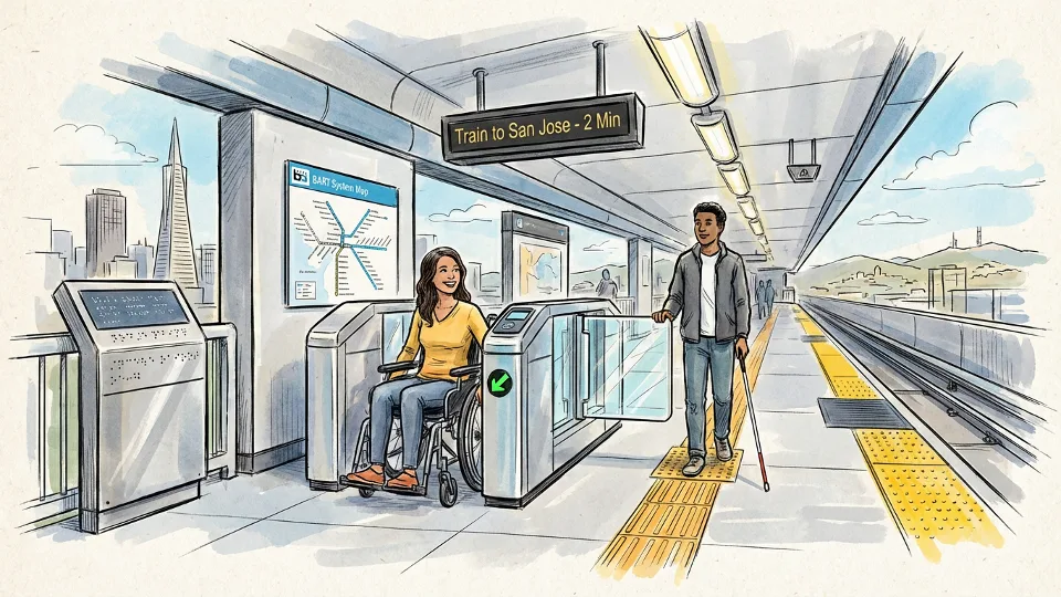 BART fare gate and station platform showing accessibility features including tactile guidance and Braille signage