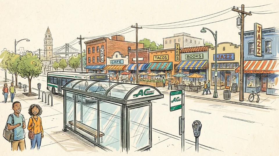 Oakland restaurant district street scene with AC Transit bus stop in foreground