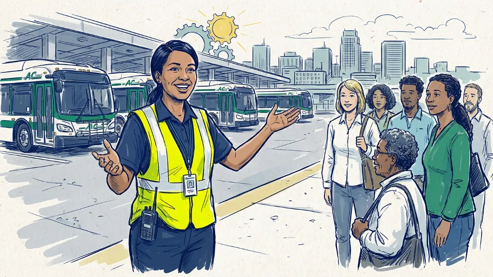 Female AC Transit employee in uniform at transit facility in San Francisco Bay Area