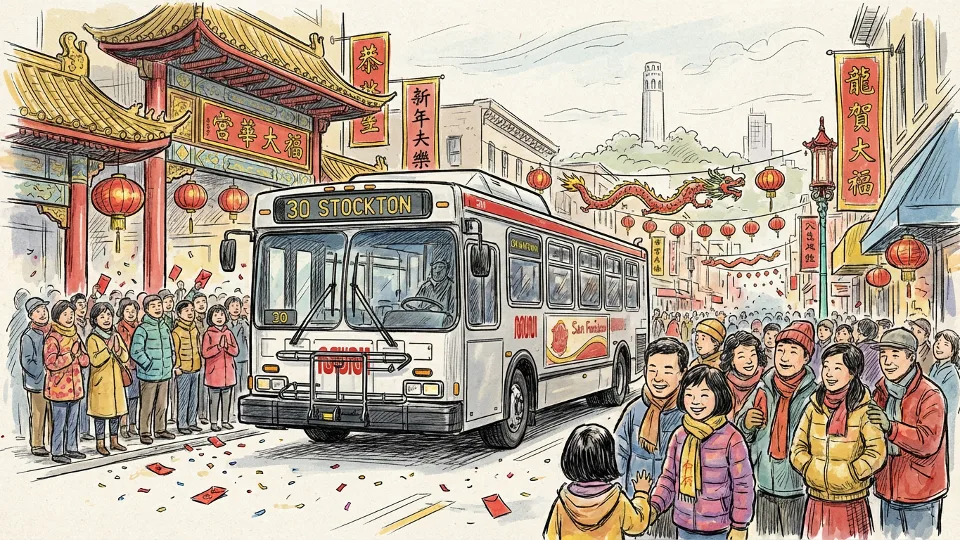 Muni bus navigating crowded San Francisco street during Chinese New Year festival