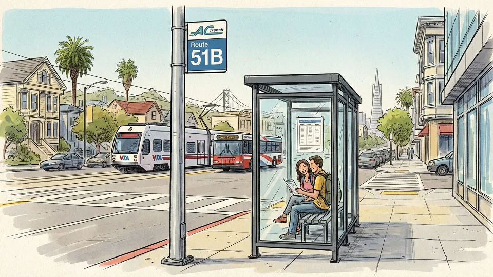 Transit bus stop sign showing route number with shelter and bench in Bay Area neighborhood