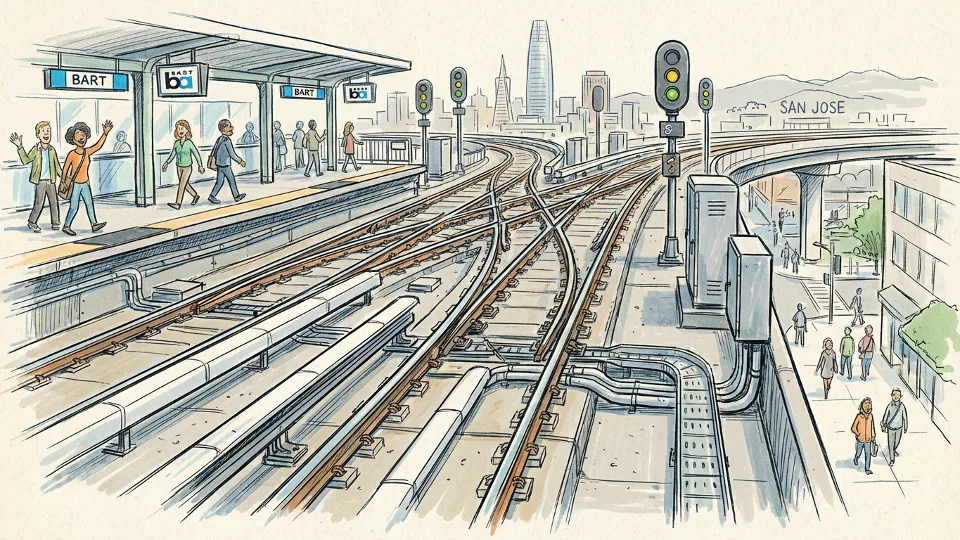 BART track infrastructure and interlocking system components at station junction