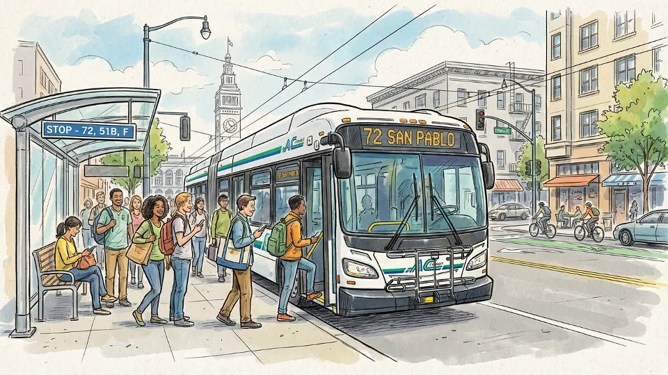 Bay Area transit bus on urban street with passengers waiting at stop