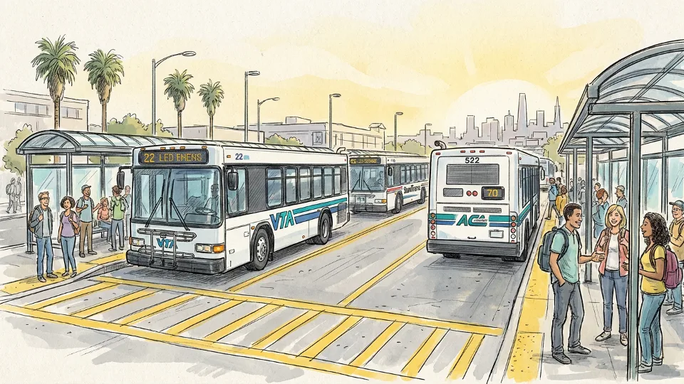 Multiple buses at Bay Area transit center with route number displays