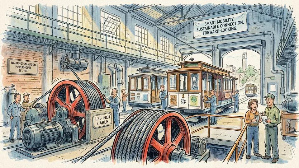 San Francisco cable car maintenance facility with cable mechanism and powerhouse equipment, technical infrastructure visible
