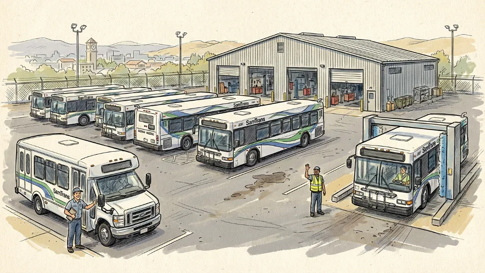 Transit agency fleet vehicles parked at maintenance facility in San Mateo County