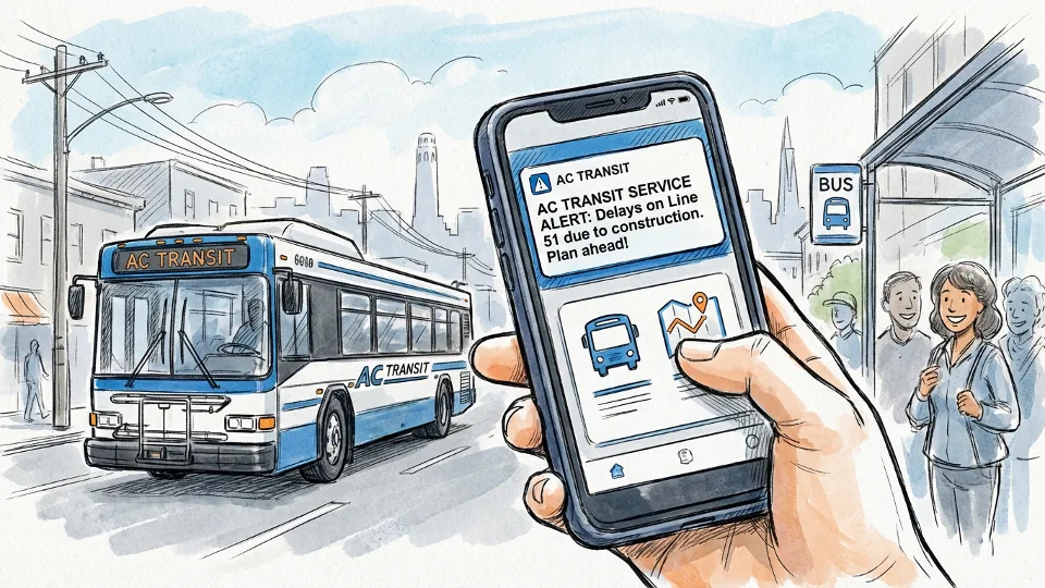 Close-up of smartphone displaying transit alert notification with AC Transit bus in background