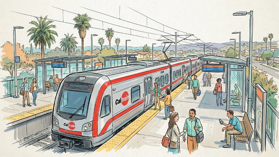 Caltrain commuter train at station platform in San Mateo County