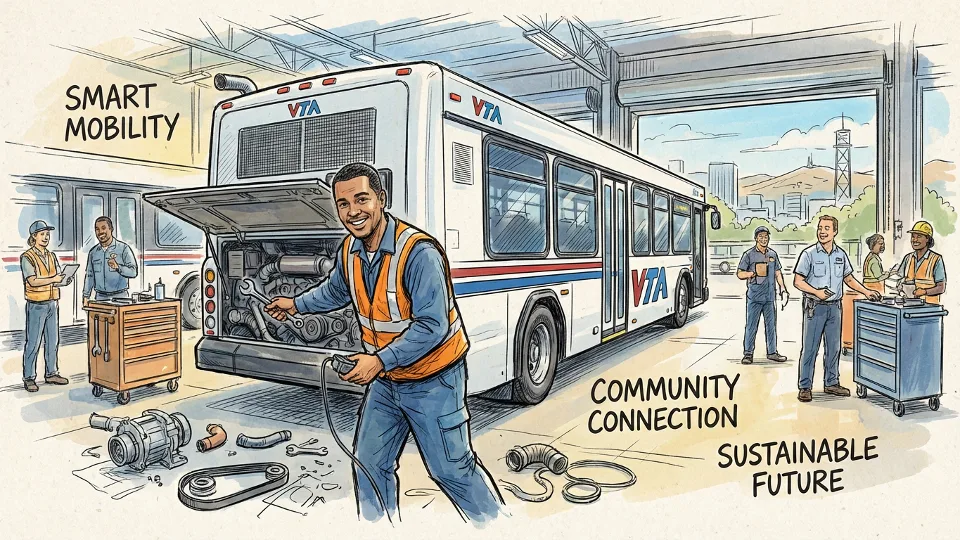 Transit maintenance technician working on bus engine compartment at repair facility