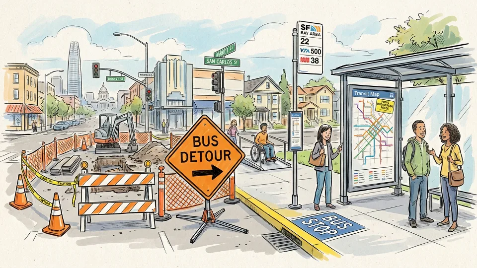 Construction work zone near bus stop with detour signage and transit route map