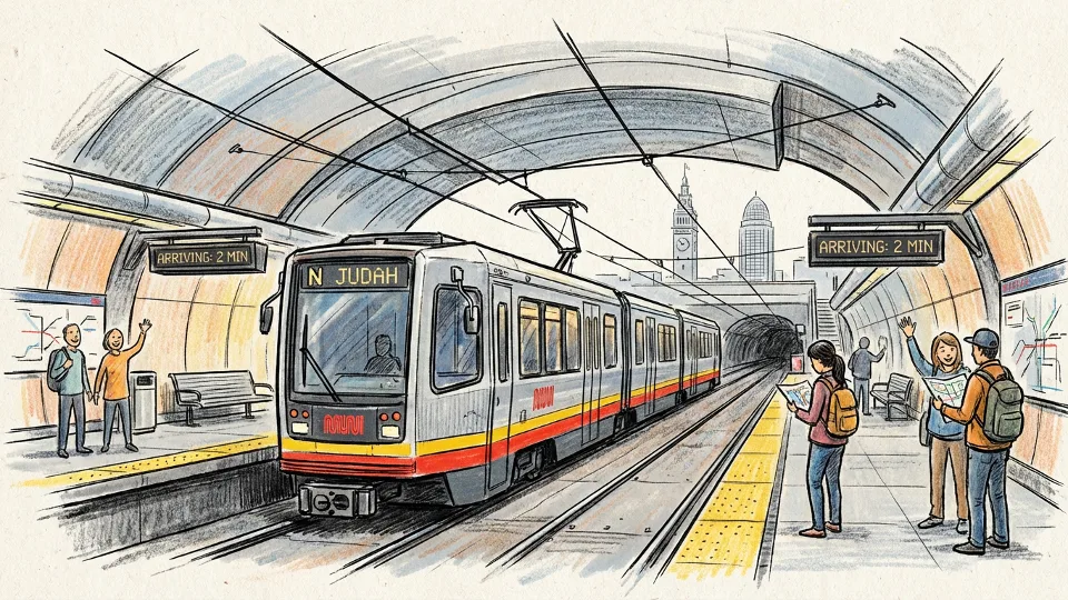Muni Metro train approaching Transit Center station platform in San Francisco