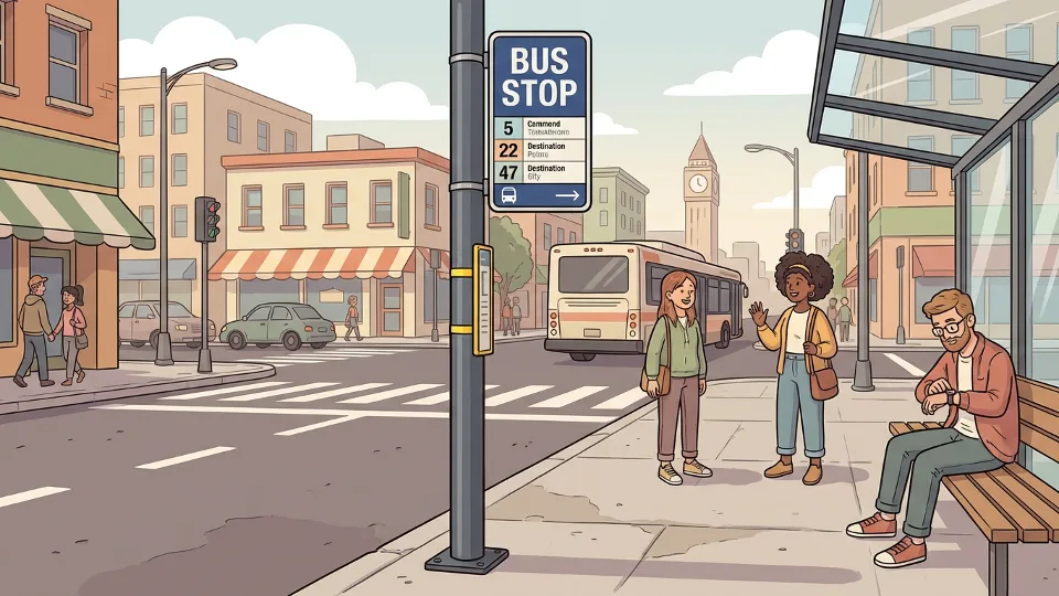 Bus stop sign on urban street corner with route information display, showing typical transit infrastructure