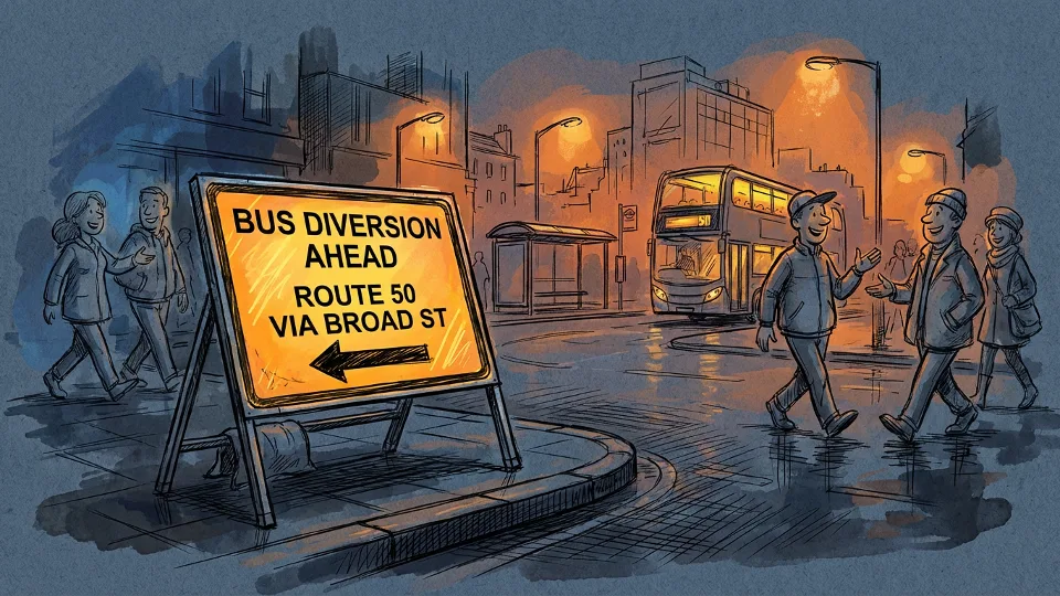 Bus diversion route sign at night showing alternate path for transit service
