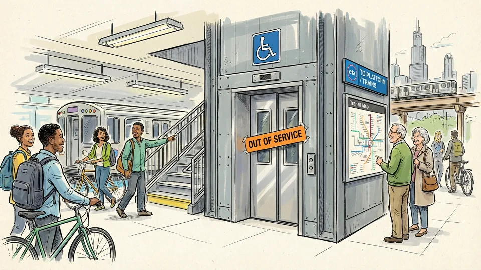 Out of service elevator at CTA rail station with accessibility signage and platform stairs