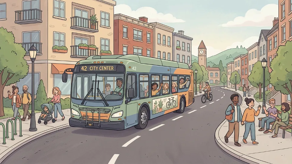 Bus traveling on urban street with residential buildings in background during daytime