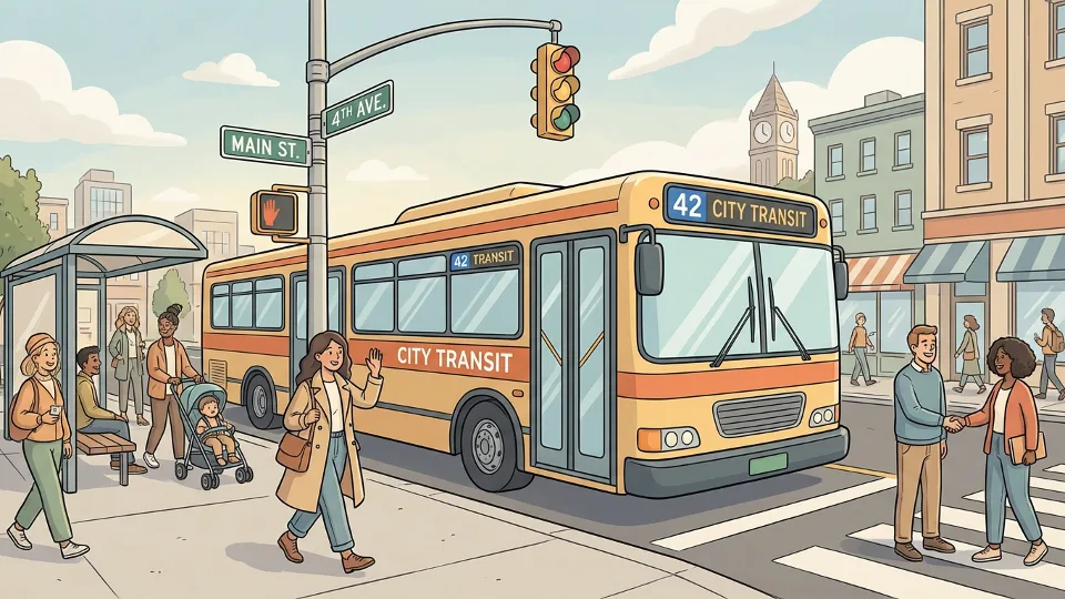 Transit bus at street corner with traffic signals and urban infrastructure visible