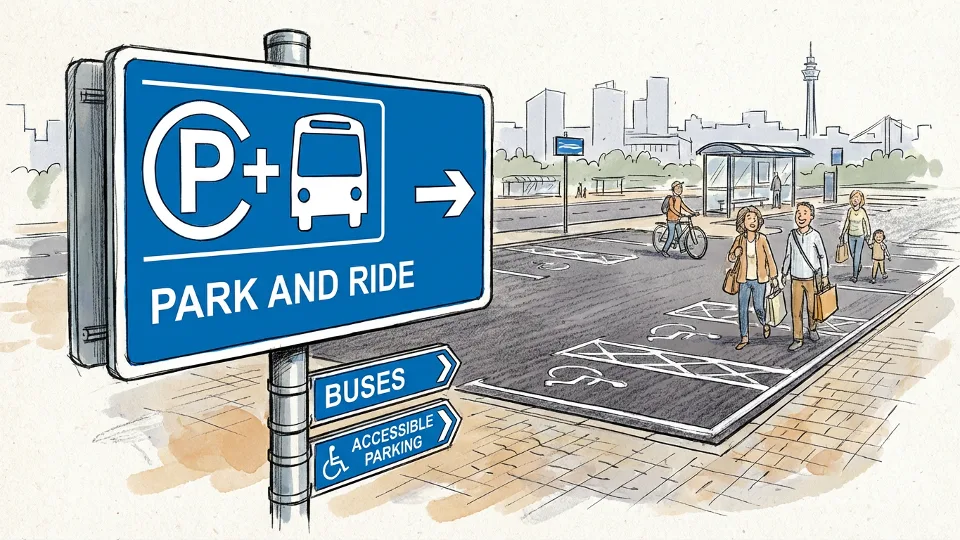 Park and Ride entrance sign with parking area in West Midlands. Alt text: West Midlands Park and Ride entrance with signage and parking facility. Composition: Close-up of facility entrance showing clear signage and parking area, emphasizing accessibility features.
