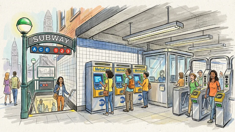 MTA subway entrance with MetroCard vending machines and turnstiles