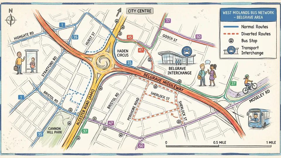 Birmingham bus route map showing Belgrave Middleway area with Haden Circus and Belgrave Interchange, highlighting affected bus routes and diversion streets including Alcester Road and Pershore Road