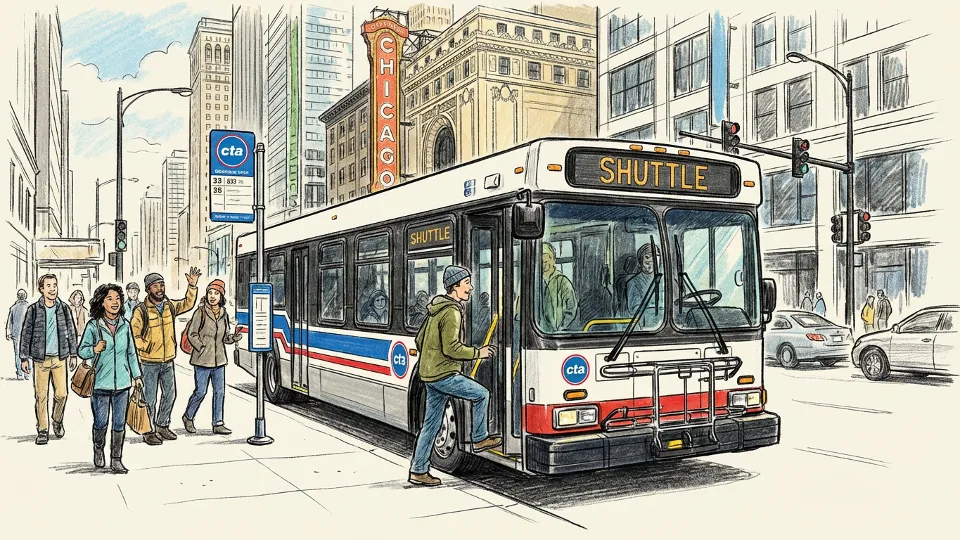 CTA shuttle bus at downtown Chicago transit stop with passengers boarding