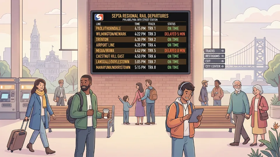 Train schedule departure board showing delay information at transit station
