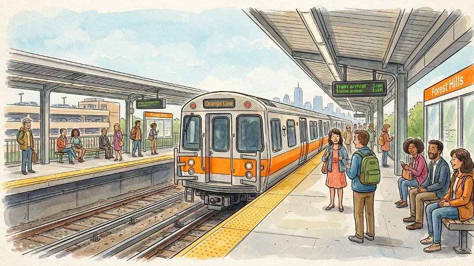 MBTA Orange Line train at Forest Hills station platform in Boston with passengers waiting