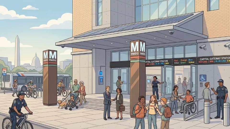 Metro transit facility entrance with security presence in Washington DC region