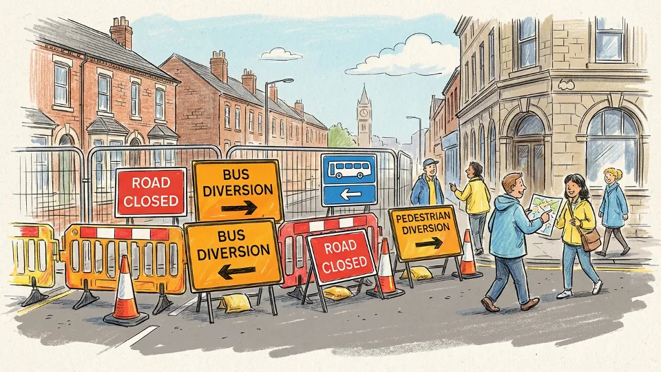 Bus diversion route signage and road closure barriers on urban street, construction zone with transit detour markers