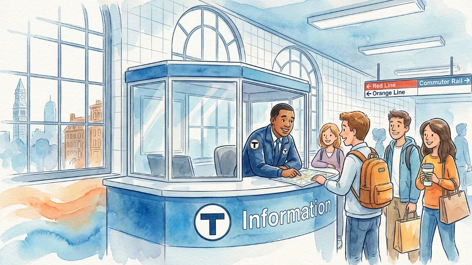 MBTA customer service representative assisting passengers at information booth in Boston transit station