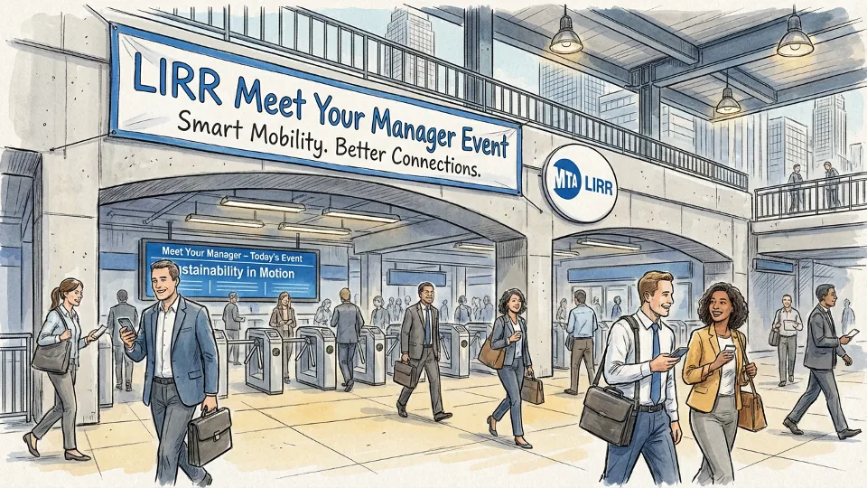 LIRR station entrance with Meet Your Manager event signage and commuters entering