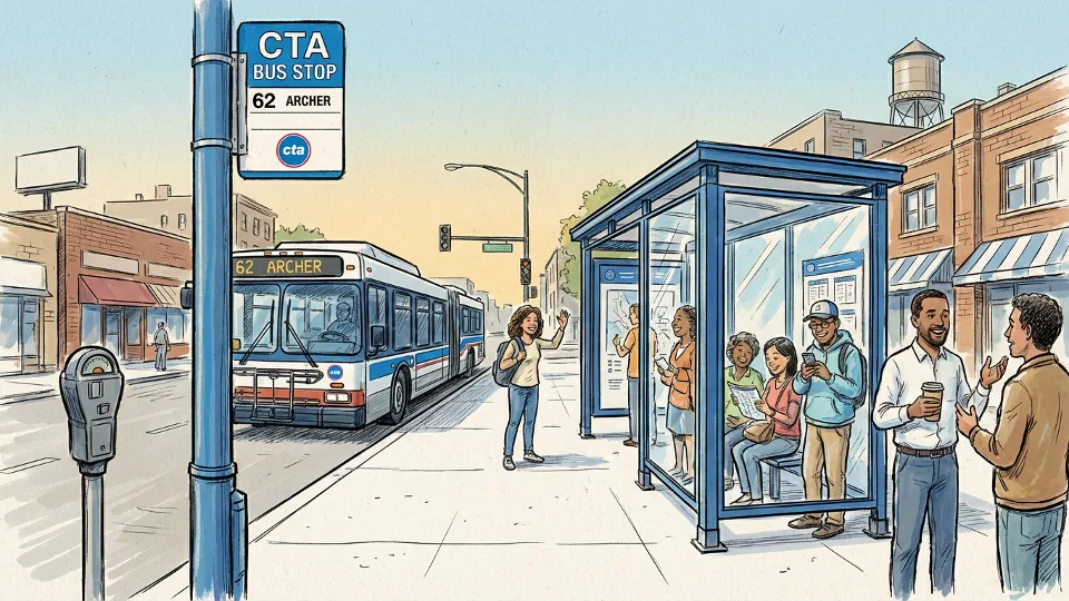 CTA Route 62 bus stop sign and shelter on Archer Avenue in Chicago showing route information and schedule