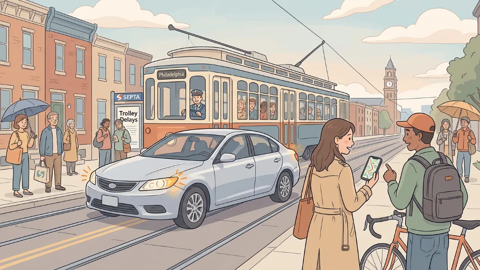 Illegally parked car blocking trolley tracks in Philadelphia, showing service obstruction from street-level view