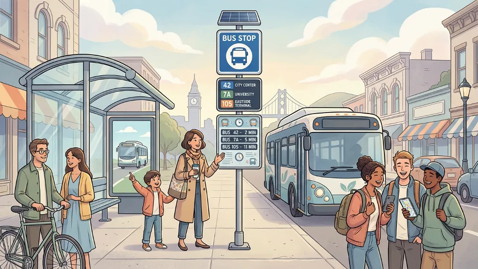 Bus stop sign with service information and route number displayed on urban street