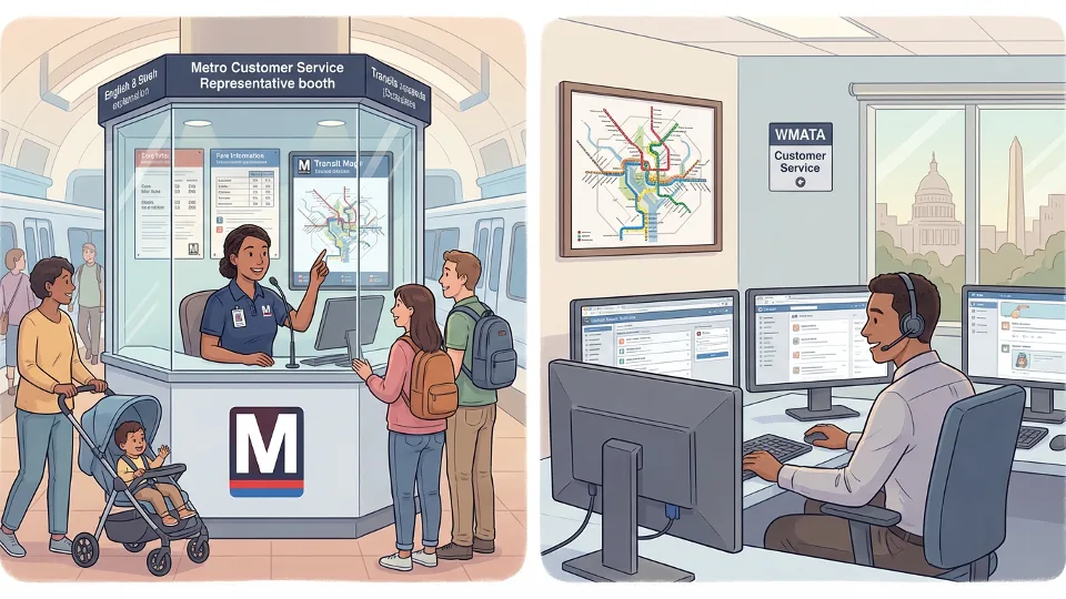 Metro customer service representative responding to rider feedback at transit information desk or through digital communication system