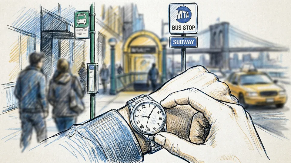 Close-up of person's hand adjusting analog watch or clock, with blurred transit station or bus stop visible in background