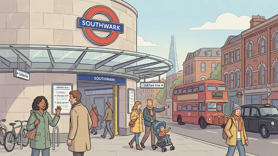Southwark Underground station entrance with distinctive blue TfL signage on London street