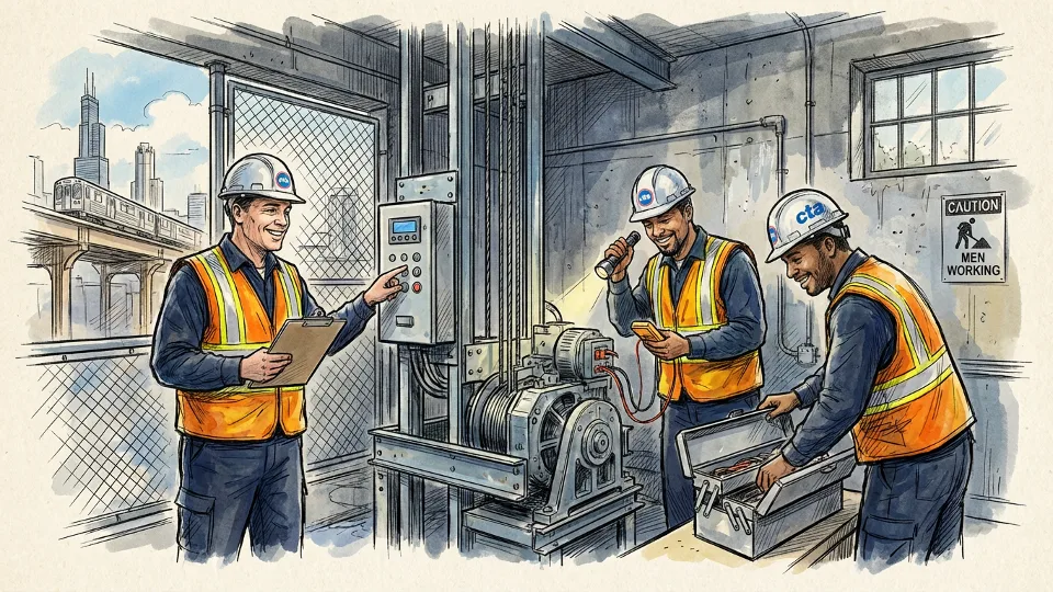 CTA elevator maintenance crew inspecting elevator equipment at transit station