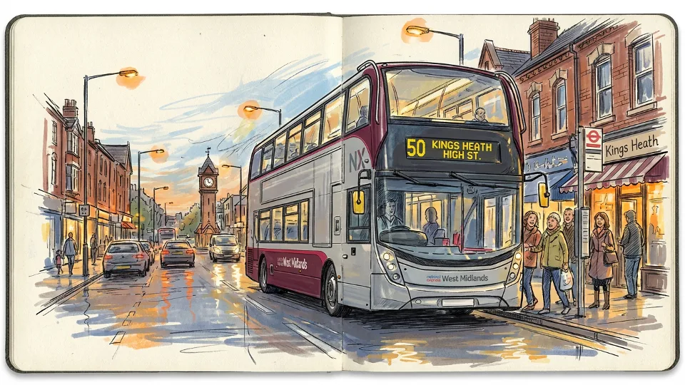 NX Bus West Midlands bus on urban street in Kings Heath area during evening hours
